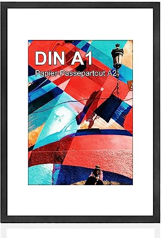 HOHIYO A1 Holz Bilderrahmen,Posterrahmen Puzzlerahmen A1(59,4x84,1 cm) aus Eiche mit Papier-Passepartout A2(42x59,4 cm) und bruchsicherem Plexi-Glas,zum Aufhängen, Schwarz