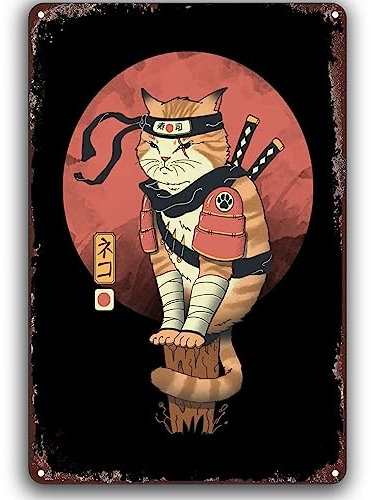 Vintage Metallschild Japanische Ninja Samurai Katze Tattoo Poster Rustikale Blechschilder Retro Home Cafe Büro Kunst Bar Pub Garage Klassische Wanddekoration 20 x 30 cm