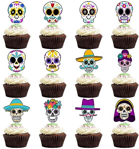 Sugar Skull Cupcake Topper, Tag der Toten, mexikanische Fiesta-Dekoration (24 Stück)