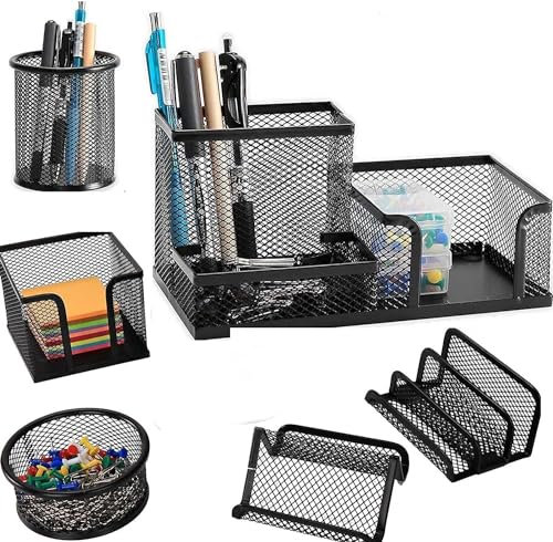 FutureHight 6-teiliges Set aus Metall mit Schreibtisch-Organizer, Stifthalter und Mehrfachspeicher-Funktion in Schwarz, ideal für Büros und Schulen