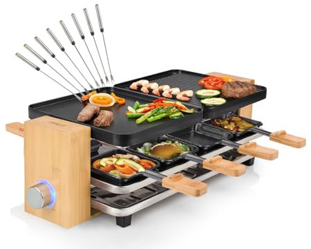 RACLETTE Bambus Tischgrill PURE mit Pfännchen Ablage, 8 Personen, 1300 Watt