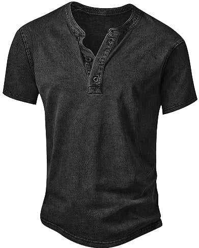 NITAGUT Men's Distressed Henley Shirts Vintage Short Sleeve T-Shirts Washed Cotton Casual V-Neck Button Tee Shirts,Black,XL