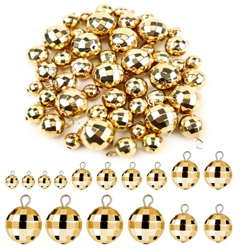 PEUTIER 48 Stück Discokugel Anhänger, Helle Mini-Discokugeln Charms Runde Discokugel-Perlen Zubehör Reflektierende Discokugeln Dekoration für Schmuckherstellung, DIY-Handwerk (Gold)