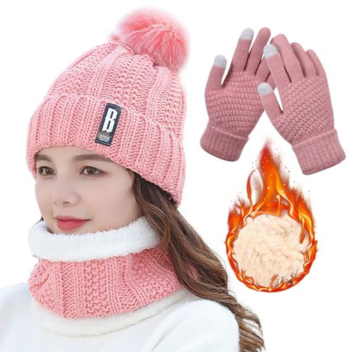 TYXHXTF Wintermütze Schal Handschuhe Set, Loop Schal Damen, Wintermütze Damen, Schal Wärmer Mütze Damen 3 in 1 Set, Warme Mütze, Schal, Handschuh-Set für Damen, Winterschal Damen, Rosa