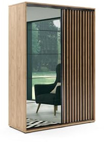 BM-Möbel B&M Furniture Schiebeschrank mit Lamellen und Spiegel Liman - Moderner Kleiderschrank Minimalistisch, Loft-Stil - 150x62x245 cm - Korpus Craft Gold, Fronten Schwarz, Lamellen Craft Gold