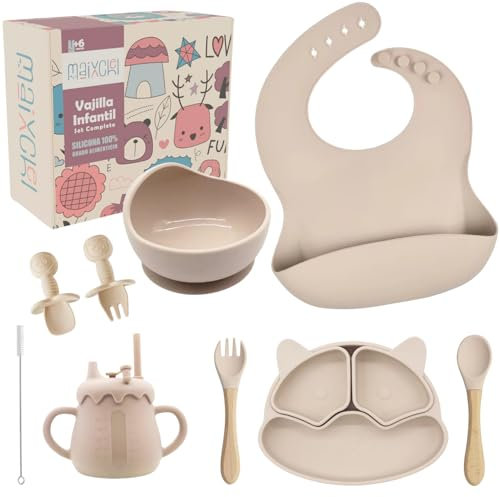 Vajilla bebe silicona | Plato bebe ventosa + 4 cubiertos bebe + bol ventosa + babero bebe + vaso aprendizaje bebe | Set completo de vajilla infantil ideal para BLW | Regalo bebe, Libre de BPA