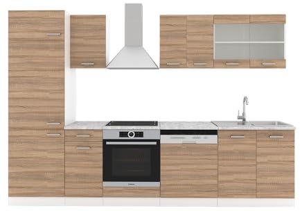 Vicco Küchenzeile R-Line, Küchenblock, Sonoma/Weiß, 300 cm, AP Eiche