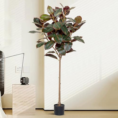 Elitix Kunstbaum Künstlicher Gummibaum für Zuhause mit Immergrünen Blättern, Realistischer Gummibaum Im Topf für Schlafzimmer, Hochzeitsfeier, Eingangsbereich, Dekorationsgummibaum(Red,L)