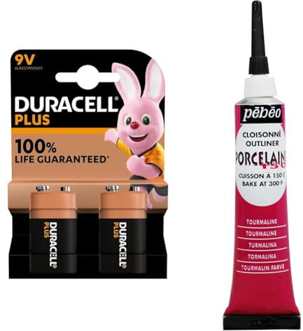 Duracell Plus 9V Batteries (Pack of 2) - Alkaline - 100% Life Guaranteed - Reliability For Everyday & Pebeo 036-003 20ml Porcelaine 150 China Paint Cloisonne 20ml - Tourmaline Red,Tourmaline