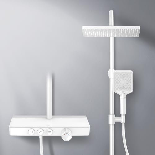 EMKE Colonne de Douche Thermostatique,Blanc mat,avec Douche Pluie Thermostatique et Douchette à Main,3 types de jets, Panneau Thermostatique de 36 cm, Douche Pluie de 30 cm