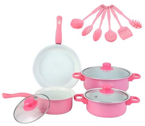 WXFKLDJ Rosado, Juego De Baterías De Cocina, Ollas Y Sartenes De 13 Piezas con Utensilios, Superficie De Cocción Antiadherente Sin PFOA Resistente A Los Arañazos Compatible con Todas Las Estufas