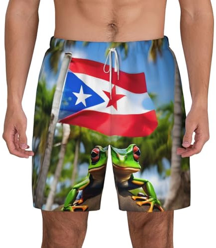 Costume da bagno da uomo con stampa di palme di Porto Rico con fodera a compressione, pantaloncini casual estivi da spiaggia ad asciugatura rapida, bianco, Small