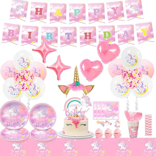 Unicorn Party Supplies - Decorations, Tableware Set with Plates, Napkins, Cloth, Balloons, Banner, Headbands for Unicorn Birthdays