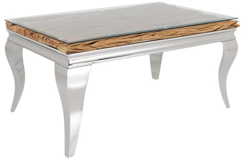 Riess Ambiente Design Couchtisch MODERN BAROCK 100cm Natur Chrom Teakholz Edelstahl Glasplatte