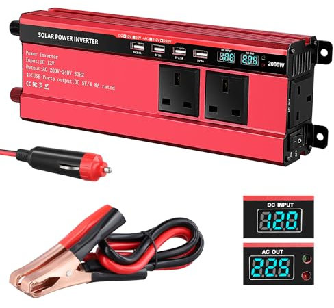 2000w Inverter 12v to 240v,Aluminum Car Power Inverter DC 12v to AC 240v with 3 UK Sockets 4 USB,Pure Sine Wave Inverter with LED Display & 8-tier Safety Protection for Travel, Camping