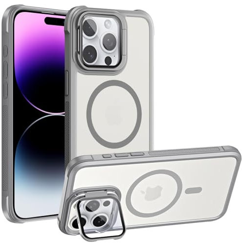 Verco Schutzhülle für iPhone 14 Pro Max Hülle Magnetisch, Hybrid Case mit klappbaren Kameraschutz kompatibel mit MagSafe Handyhülle durchscheinend Matt grau