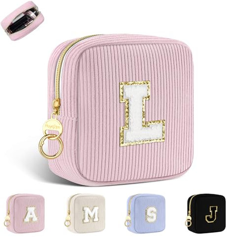 Trousse per Trucchi Donna Personalizzata Iniziale Piccola Borsa da Cosmetici Beauty Case da Viaggio Accessori Pochette Trucchi Organizer in Velluto a Coste Regalo per Ragazza Amica Compleanno Rosa L