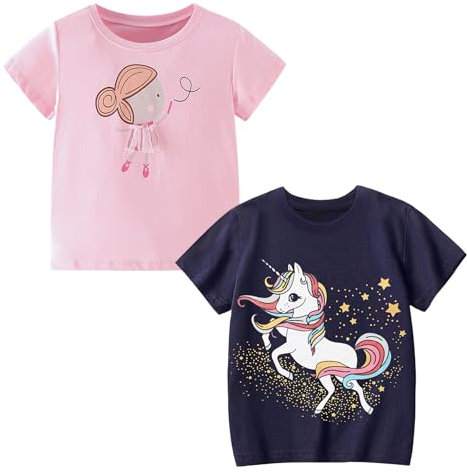Codkkre Mädchen T-Shirt 2er Pack Baumwolle Tshirt Einhorn Kinder Kurzarm Rundhals Oberteil Sommer Kleidung für Kind 3-8 Jahre, Mädchen Rosa/Einhorn Dunkelblau, 110