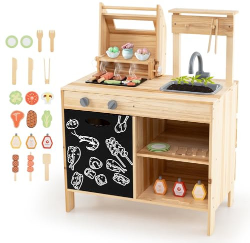 DREAMADE Cuisine Enfants, Jeu de Barbecue en Bois avec Tableau Noir, Outils de Grillades et Bouteilles d'Assaisonnement, Jeu Éducatif pour Garçons & Filles 3 Ans+