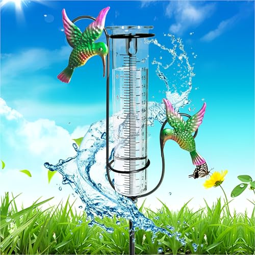 Senflame Regenmesser für den Außenbereich, 17,8 cm, großes Glas, wasserdicht, gefrierfest, Regenrohr-Messgerät mit Metall-Kolibri, Gartenstecker dekorativ mit Wassermesser für Hof, Rasen und Terrasse