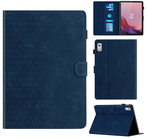 Rosbtib Funda para Lenovo Tab M9 2023 9 Pulgadas Modelo TB310FU con Soporte y Ranura para Tarjetas, Funda de Piel sintética con patrón de Textura Hexagonal para Lenovo Tab M9, Azul