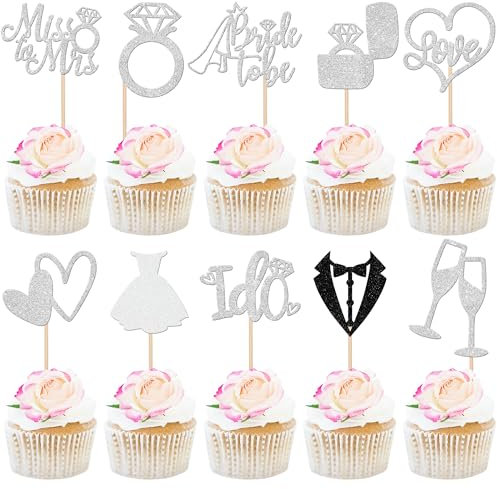 30 Stück Bride to Be Tortendeko Glitzer Hochzeit Cupcake Toppers Liebe Herz Diamant Ring Braut und Bräutigam Kuchen Deko für Verlobung Hochzeiten Thema Party Kuchen Dekorationen Silber Neu