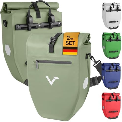 Valkental - Große & wasserdichte Gepäckträgertasche - 28L Füllvolumen - Fahrradtasche für Gepäckträger mit Reflektoren in Natur Grün