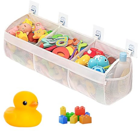 Jortmrd Aufbewahrung Spielzeugnetz Netz Badewannenspielzeug Badewanne Badespielzeug Organizer Badenetz für Spielzeug Hängeorganizer Tasche mit 4 Selbstklebend Haken, Ideal für Bäder, 44 * 19 * 15CM