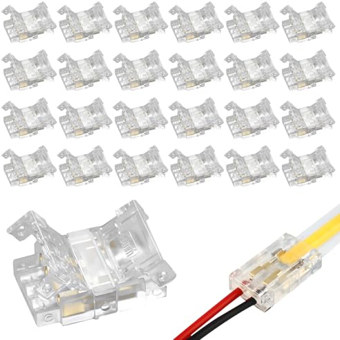 LED Strip Light Connectors 2Pin 8MM COB 25Pcs 0-36V for SMD/COB LED Strip Unwired Gapless Solderless Wire Quick Connection Adapter Waterproof Transparent PVC Extension Terminal for 2835/3528 Lights