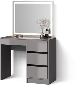 Livinity Schminktisch-Set Imola, Grau 90 cm | ✓ LED-Spiegel · 4 Schubladen · Freistehend · Grifflose Optik · Kompakte Form