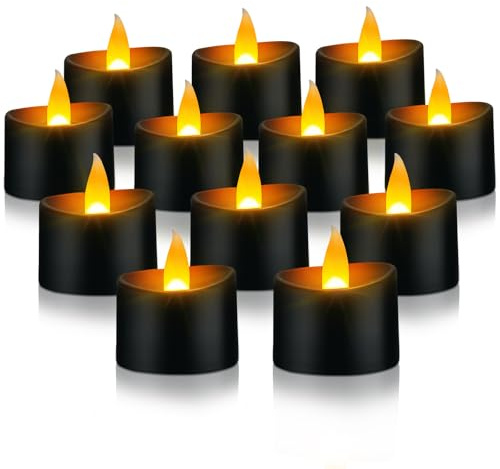 ERTYUI 12 Stück LED-Teelichter, halten 100 Stunden +, zur Dekoration (schwarze Schale, warmgelbes Licht, 12 Stück)