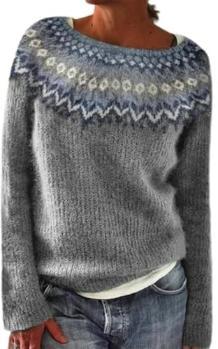 Generisch Pullover Damen Strickpullover Norweger Langarm Rundhals Elegant Stricken Oberteil Warm Winter Sweater Jumpers Herbst Winter Pulli Winterpullover Strickpulli Damenpullover Mit Norwegermuster