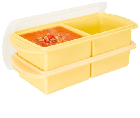 Defresit 2 Pack Silicone Freezer Tray With Lid-Soup Freezer Container molds for Freezing, Meal Prep Soup Storage Containers, Ice Cube Tray for Sauce, 2-Compartment Freezer Container,Yellow