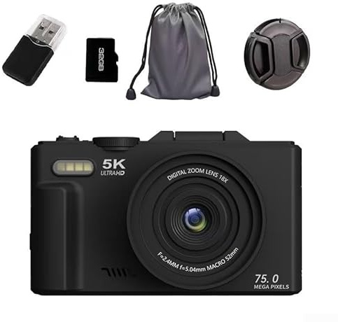 Appareil photo numérique 5 K 75 MP, avec zoom 18x, autofocus HD, écran rabattable, caméra WiFi pour étudiants, photographie selfie, écran portable de 7,6 cm (noir, 32 G)