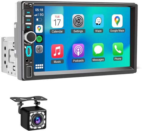 Autoradio 1 DIN Bluetooth Autoradio Car Play Voiture avec sans Fil Carplay & Android Auto, 7 Pouces HD Écran Tactile, FM Radio/Charge/MIC/USB/AUX/Type C/Commande Vocale/Mirror Link/Caméra de recul