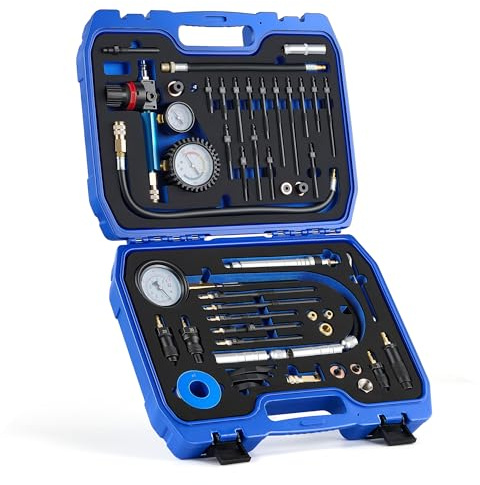 OMT Compression Tester Kit, 51pc Cylinder Leak Down Testing Tool Set | Shock-Resistant Rubber & Brass, Troubleshooting Petrol & Diesel Engines, Dual-Gauge 700 psi, For HDi, TDCi & PD, For Shops