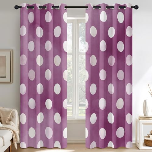 Generisch Vorhänge Lila Mädchenhaft, Polka Dots Weiß Vorhang Blickdicht Schlafzimmer Wohnzimmer, Verdunklungsvorhänge, Gardinen mit Ösen 2er Set, H137 X B117 cm E-D27