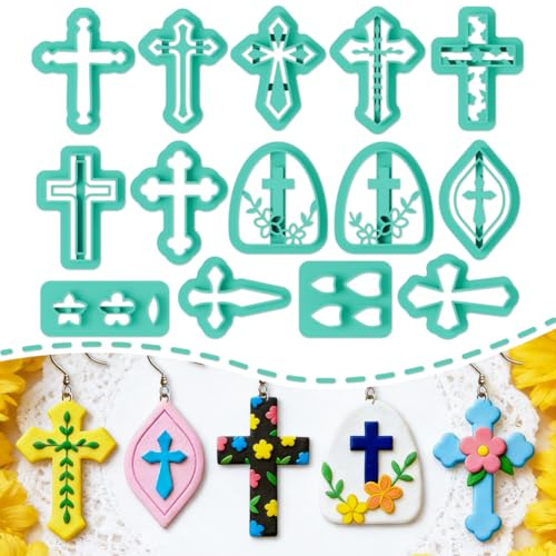 ORIGACH Lot de 14 Le thème de la croix emporte-pièces en argile | emporte pièces en argile polymère plastique pour bijoux en polymère et boucles d'oreille avec boîte de rangement transparente