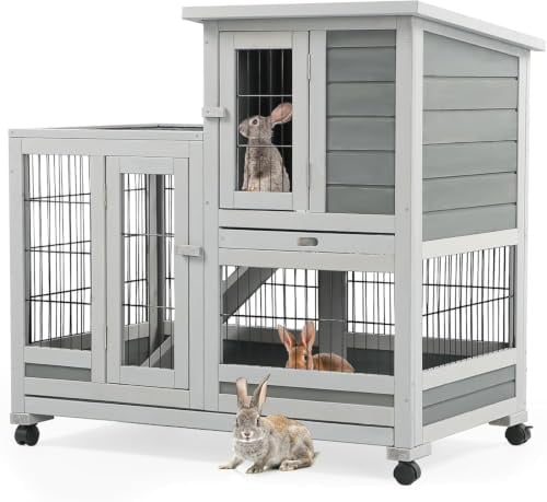YODOLLA Hasenstall Kaninchenstall Kleintierstall für Kleintiere, 94 cm Meerschweinchenstall mit Auslauf, Indoor-Kaninchenkäfig mit 4 Rollen, herausnehmbaren Schalen & Leiter