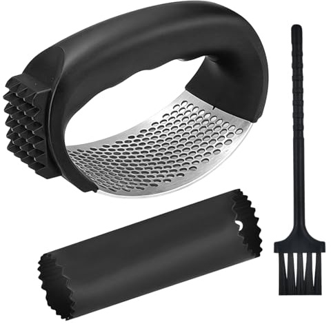 Knoblauchpresse Edelstahl,Garlic Press,Knoblauchwippe,Knoblauchpresse Wippe,Ergonomische,Komfortabler Griff,Leicht Zu Reinigen,Mit Silikon-Schäler & Reinigungsbürste,Küchenhilfe(Schwarz)
