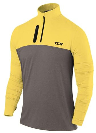 TCA Veste Running Homme Hiver - T Shirt Running Homme Manches Longues Quickdry Fusion Pro avec Fermeture Éclair à Mi-Poitrine pour Course Jogging - Gris Foncé/Jaune, M