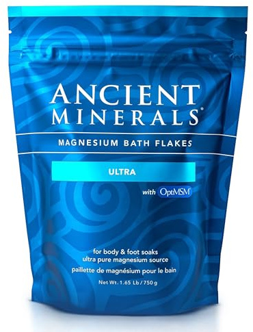 Ancient Minerals Magnesium Bath Flakes Ultra with OptiMSM – Pure Zechstein Magnesium Chloride and Organic Sulfur Bath Salts, Soothing Mineral Soak for Skin & Body, 1.65 lb