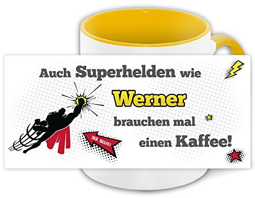 Namens-Tasse Werner mit Superhelden-Motiv für Kaffeetrinker, gelb/weiss