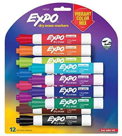 EXPO Low-Odor Dry Erase Markers, Chisel Tip, Vibrant Colors, 12-Count