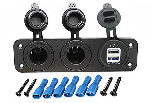 Carviya Car Motorcycle 12V-24V Dual Hole Cigarette Lighter Power Supply Adapter Dual USB Charger Socket Panel Plate Mount Outlet