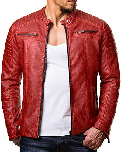 Redbridge Herren Jacke Übergangsjacke Biker Lederjacke Kunstleder mit gesteppten Bereichen M Rot
