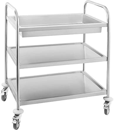 Royal Catering - Servierwagen Küchenwagen (2 Borde, 1 Abräummulde, 150 kg belastbar, 84,50 x 52,50 x 94,50 cm, 22,5 cm Abstand, Leichtlaufräder, Feststellbremse, Edelstahl) Silber