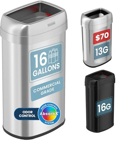 iTouchless 61 Liter / 16 Gallon Open Top Kitchen Trash Can & Recycle Bin with Double Odor Filters, Stainless Steel Commercial Grade Garbage Bin for Garage Home, Office, Restaurant, Restroom Store Dorm