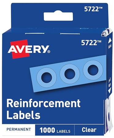 Avery Self-Adhesive Hole Reinforcement Stickers, 1/4 Diameter Hole Punch Reinforcement Labels, Clear, Non-Printable, 1,000 Labels Total (5722)
