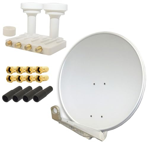 Premium X DELUXE80 Aluminium 80cm Digital SAT Schüssel Spiegel Hellgrau + PremiumX Monoblock Quad PXMB-6QW LNB WE 0,1dB Astra 19,2° Hotbird 13° + 4x Gummitülle und 8x F-Stecker